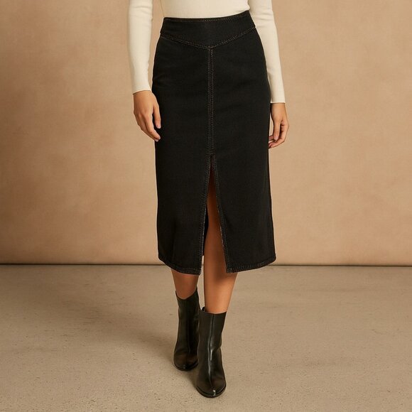 VTG Liz Claiborne Black Denim Midi Skirt Contrast Stitching and Front Slit 8P - Picture 9 of 14